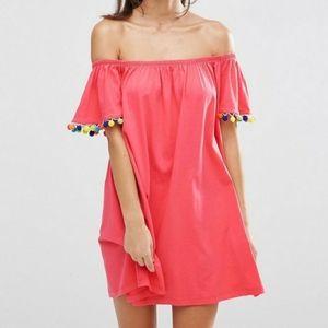 Asos coral off shoulder swing sundress pom poms